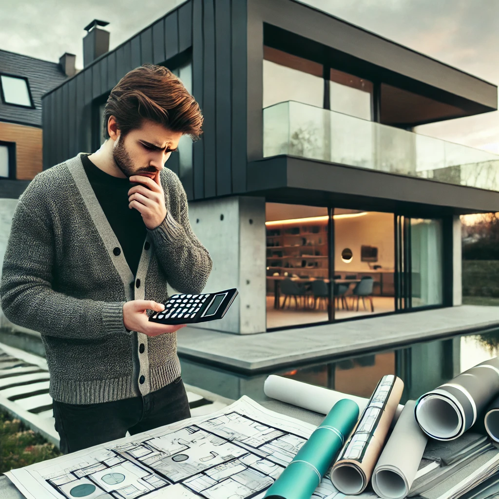Persona calculando el coste de construir una casa en España, con planos y casas modernas al fondo. Representa la planificación de presupuestos y factores clave como terrenos y materiales.