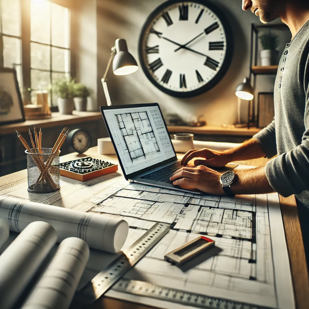 Vista de planos arquitectónicos sobre una mesa con herramientas de diseño, ilustrando cuánto tiempo se tarda en realizar el proyecto de una casa en España.