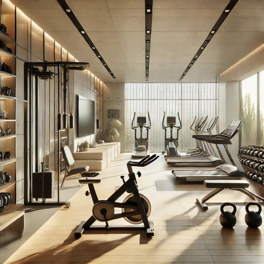 Gimnasio moderno en casa con equipos básicos como bicicleta estática, pesas y esterilla en un espacio bien iluminado