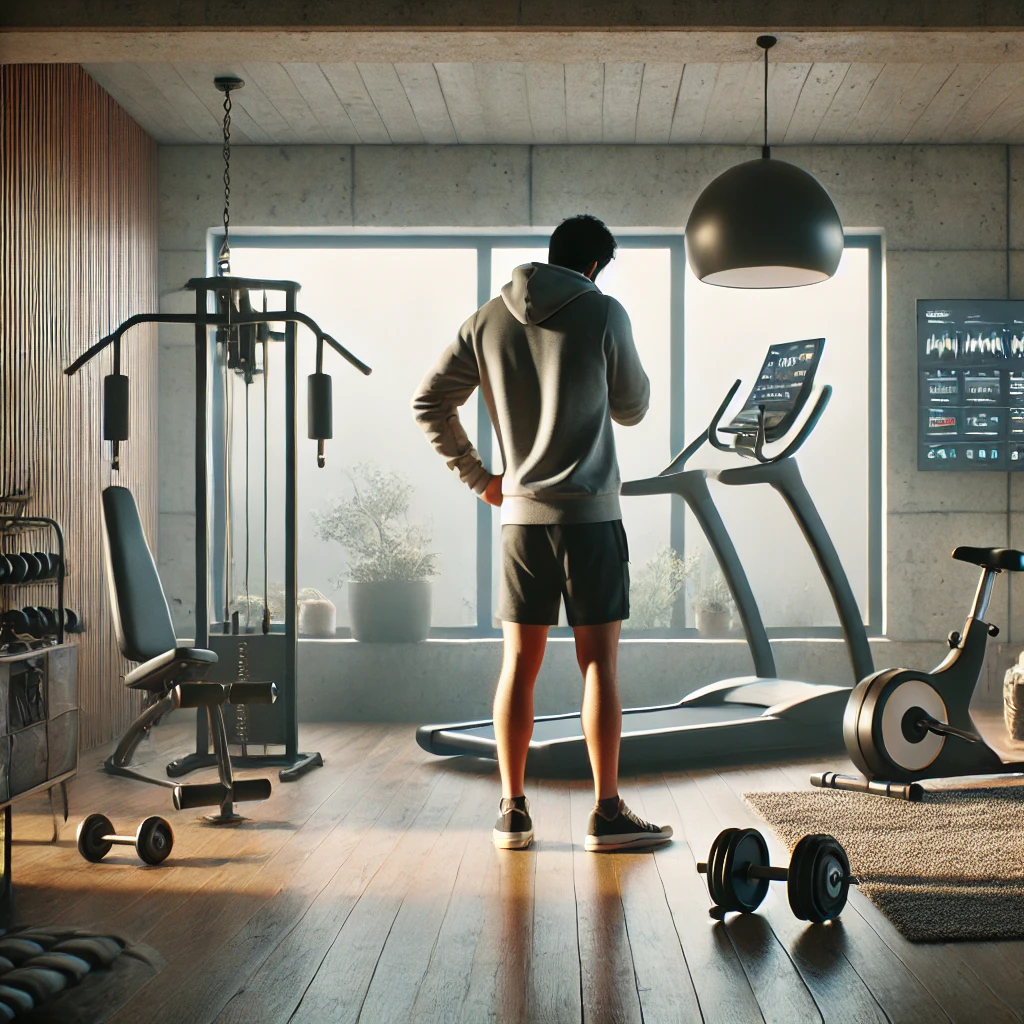 Persona confundida en un gimnasio en casa moderno, rodeada de equipos de entrenamiento como pesas y bicicleta estática