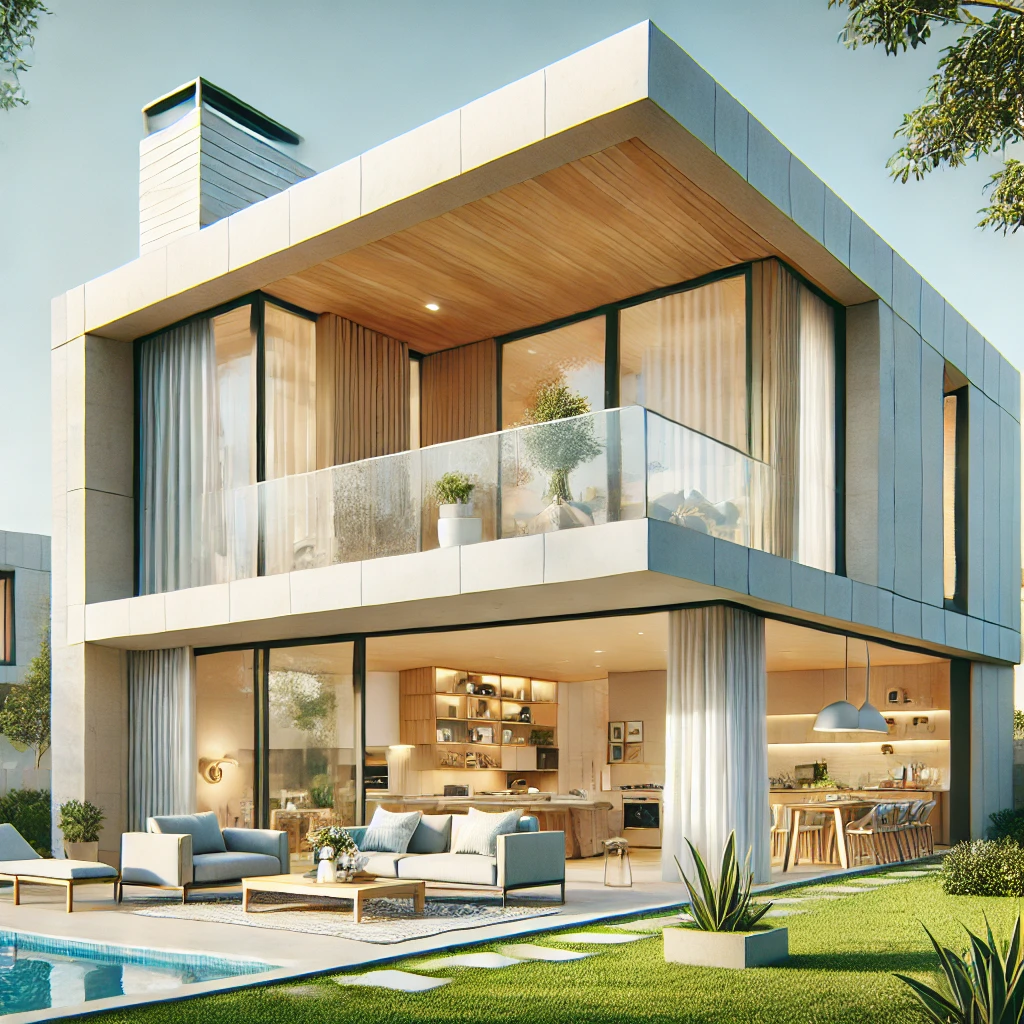 Casa moderna con azotea plana, grandes ventanales y distribución eficiente. Diseño con espacios abiertos conectados, incluyendo sala de estar, cocina y comedor. En el exterior, un pequeño jardín con zona de descanso en un entorno soleado y moderno.