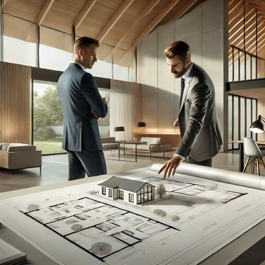 Arquitecto explicando planos de una casa moderna a un cliente, destacando la importancia de elegir correctamente al profesional para diseñar la vivienda